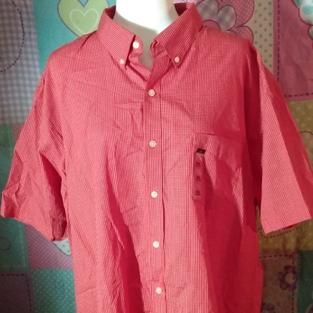 NWT Van Heusen Mens XXL 18-18.5 Button Down Short Sleeve Orange Checkered Shirt